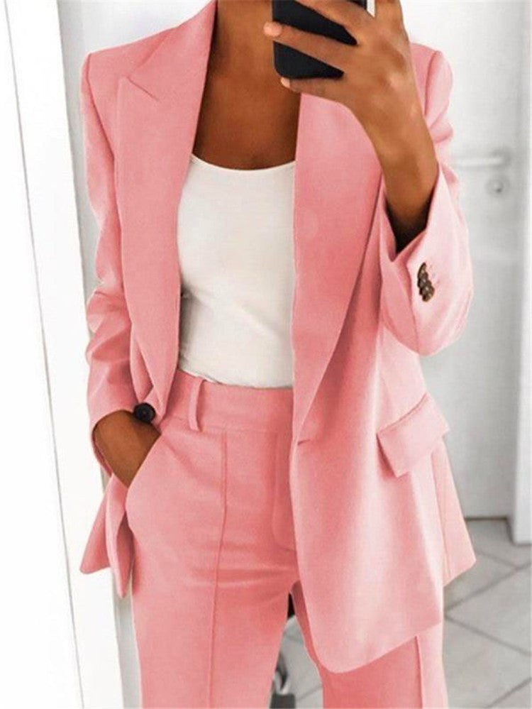 Women's Casual Suit – Long-Sleeved Lapel Blazer with Buttons and Slim-Fit Pocket Trousers