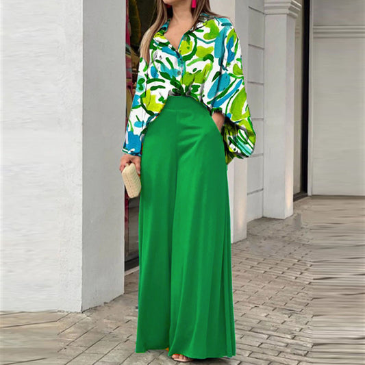 Women's Fashion Printed Shirt & Wide-Leg Pants Set – Casual Two-Piece Outfit