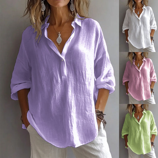 Fashion Long-Sleeved Lapel Pullover Shirt – Casual Loose Solid Color T-Shirt for Women
