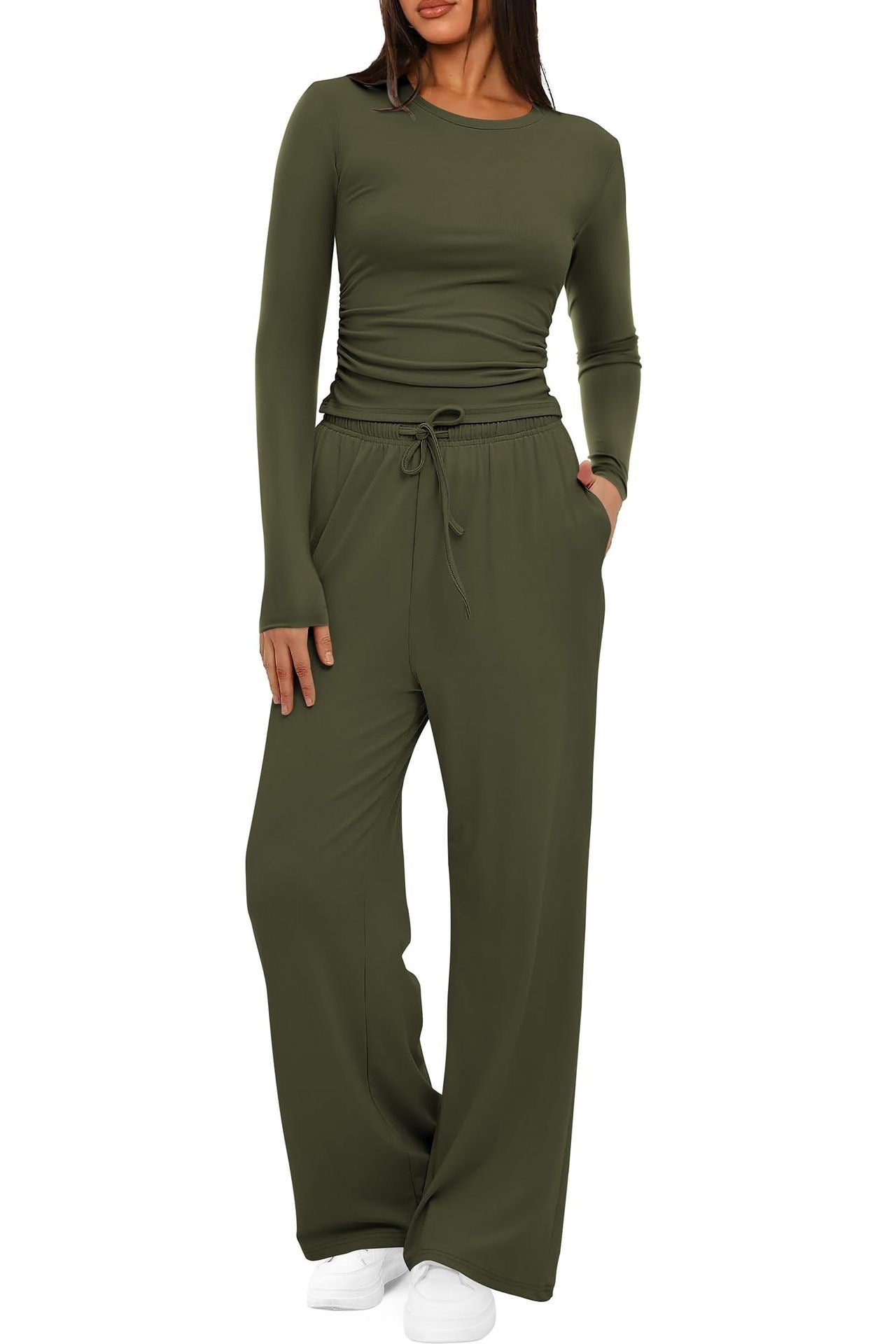 2-Piece Women's Autumn/Winter Suit – Long Sleeve Top & High-Waisted Wide-Leg Pants, Solid Color Casual Sportswear