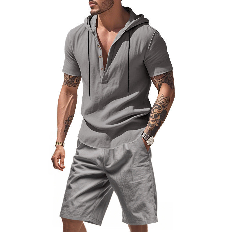 Men’s Summer Linen Two-Piece Set – Hooded Short Sleeve Top & Shorts