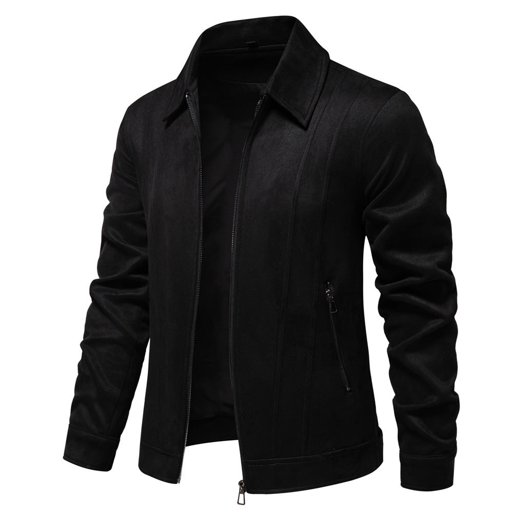 Men’s Fashion Lapel Zipper Jacket – Autumn & Winter Solid Suede Coat