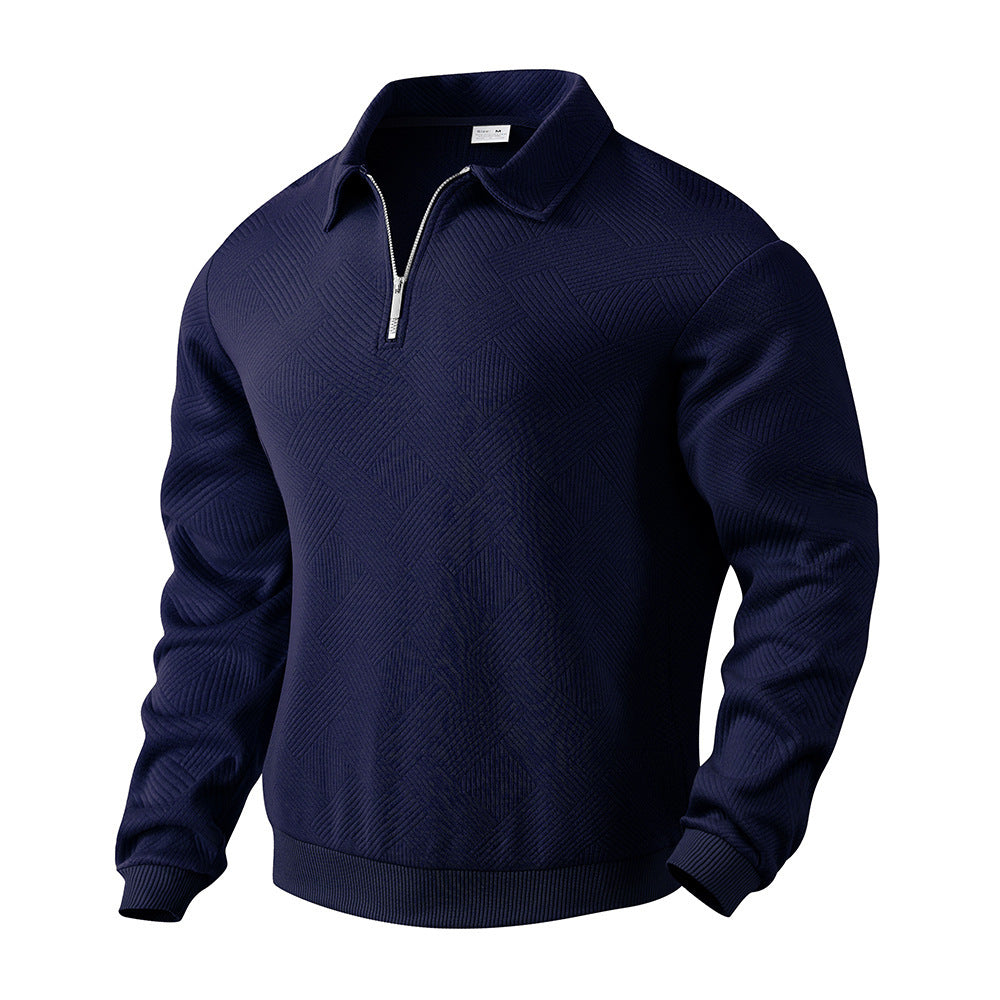 Men’s Lapel Jacquard Half-Zipper Sweatshirt – Solid Color, Long Sleeve Fashion Top