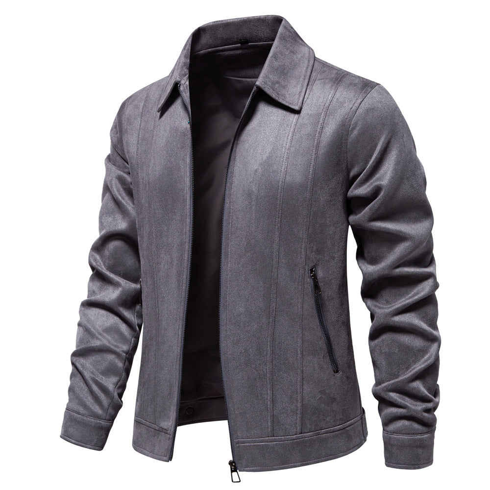 Men’s Fashion Lapel Zipper Jacket – Autumn & Winter Solid Suede Coat