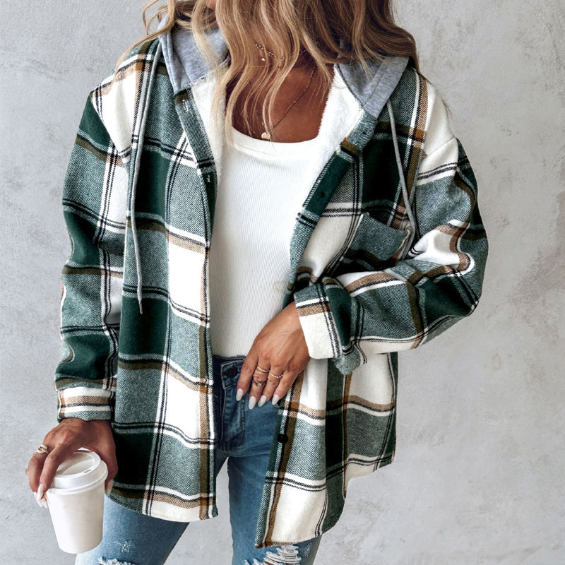 Plaid Hooded Jacket – Fashion Casual Button Pocket Coat for Autumn & Winter