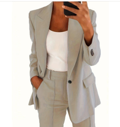 Women's Casual Suit – Long-Sleeved Lapel Blazer with Buttons and Slim-Fit Pocket Trousers