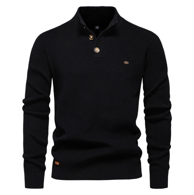 Men’s Zipper Stand Collar Knitted Sweater – Slim Fit, Solid Color, Long Sleeve Half-Turtleneck Top