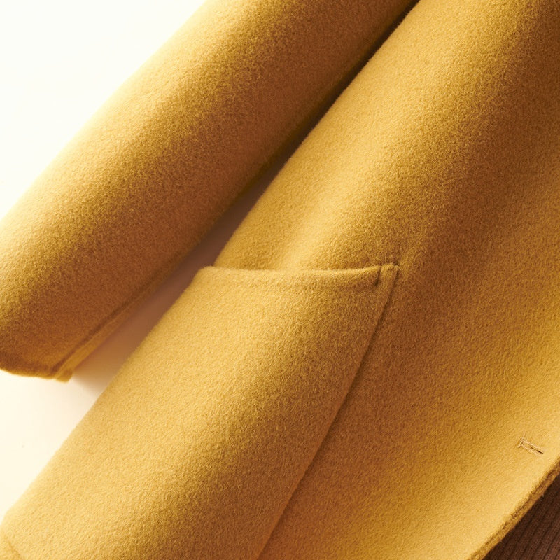 Wool Pearl Buckle Double-Faced Woolen Coat with Doll Collar – Women’s Mid-Length Outerwear