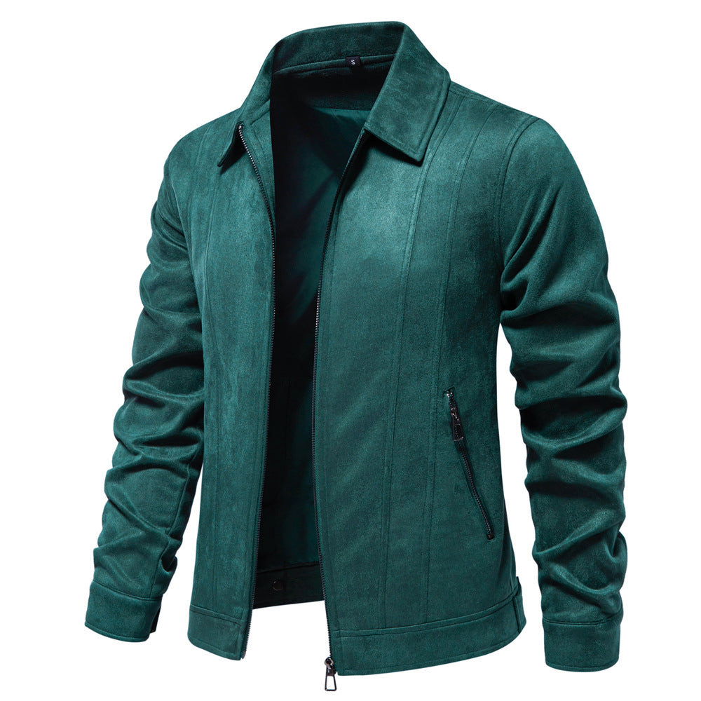 Men’s Fashion Lapel Zipper Jacket – Autumn & Winter Solid Suede Coat