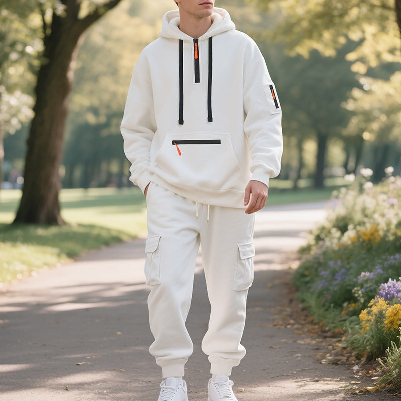 Men’s Loose Fit Fleece-Lined Sports Hoodie & Zipper Pullover Set – Multi-Pocket Casual Two-Piece