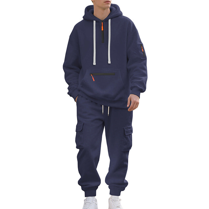 Men’s Loose Fit Fleece-Lined Sports Hoodie & Zipper Pullover Set – Multi-Pocket Casual Two-Piece