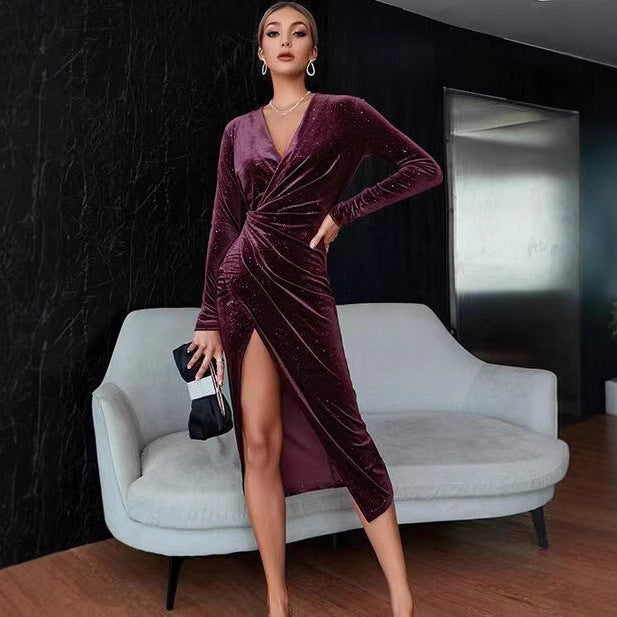 Women’s V-Neck Velvet Asymmetric Evening Dress