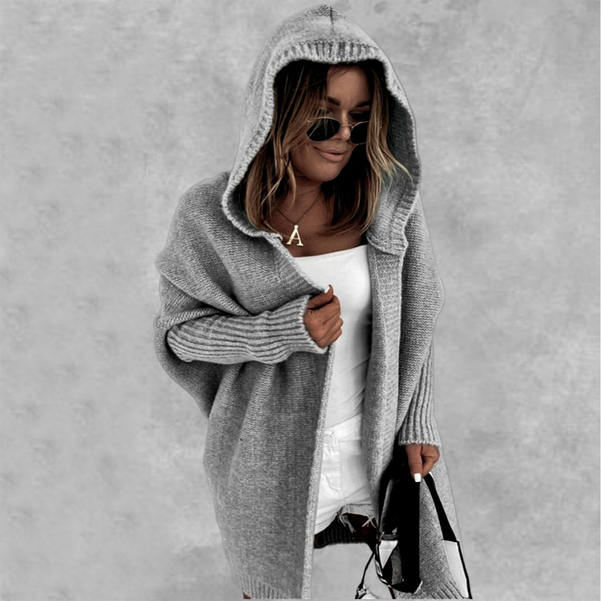 Sheep Wool Knitted Hooded Cardigan – Batwing Sleeve, Spliced Design for OL & Casual Wear