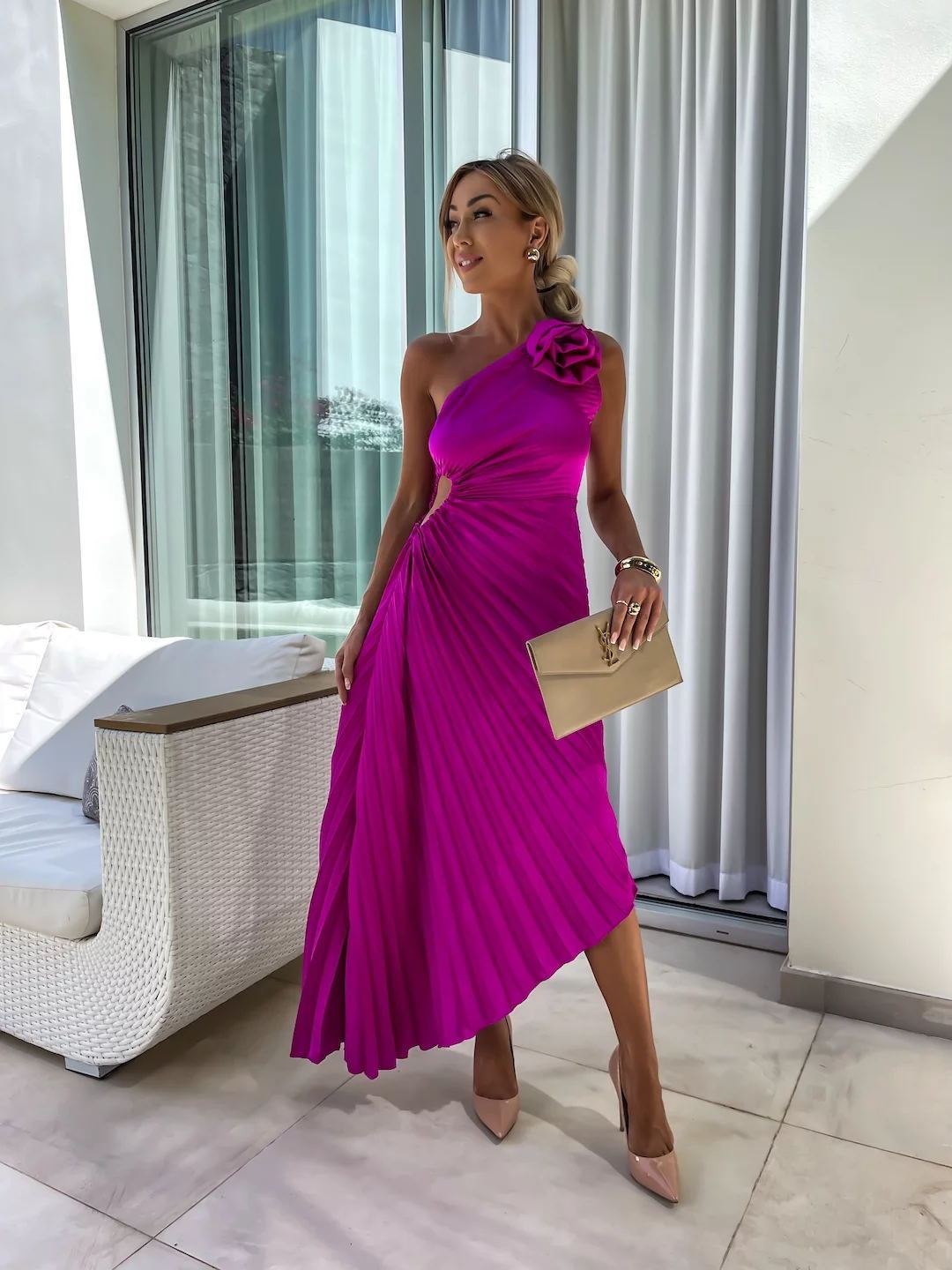 One-Shoulder Pleated Fishtail Dress with Big Rose – Sexy Evening & Party Dress for Women