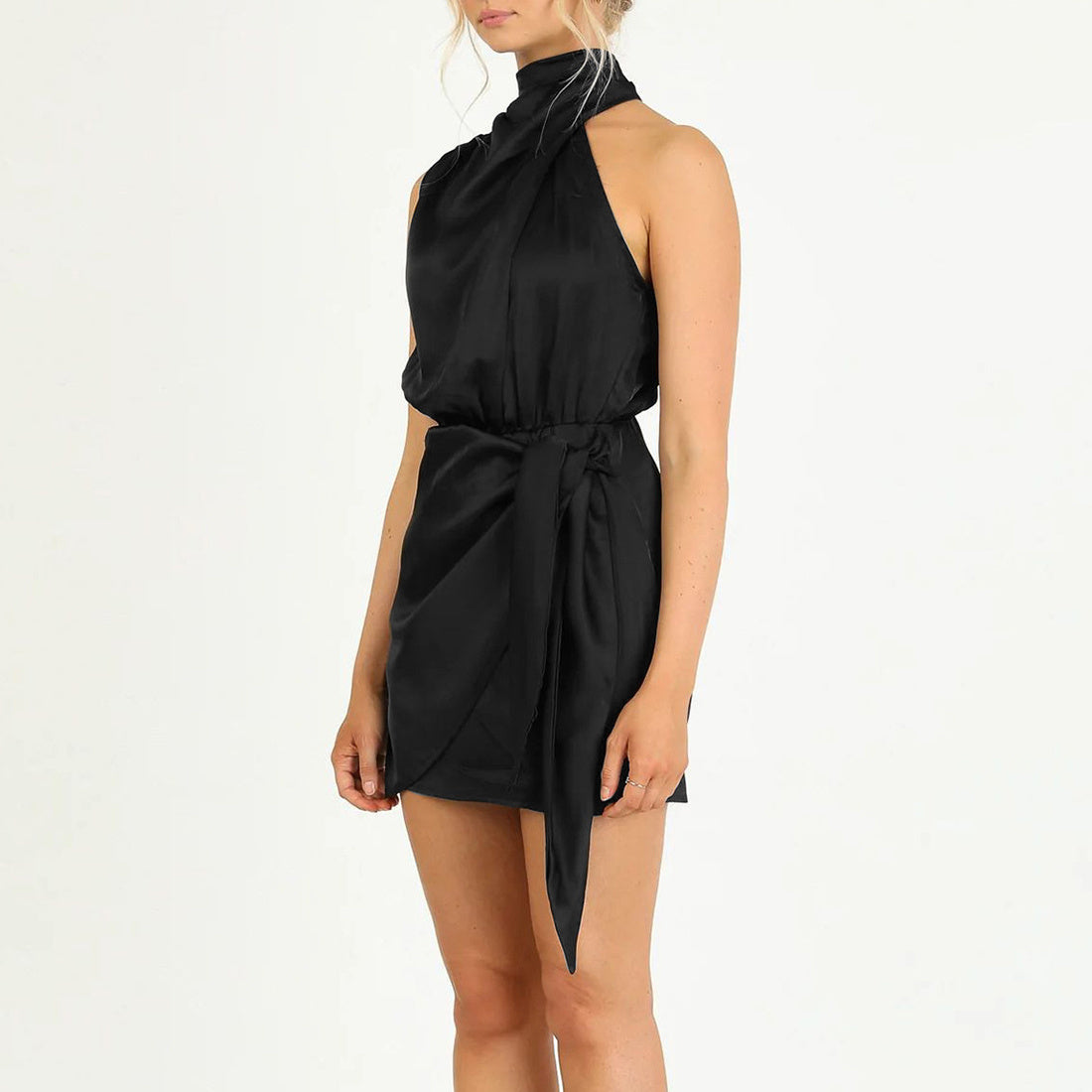 Elegant Halter Neck Sleeveless Short Dress with Waist Tie – Women's Evening Party Fashion