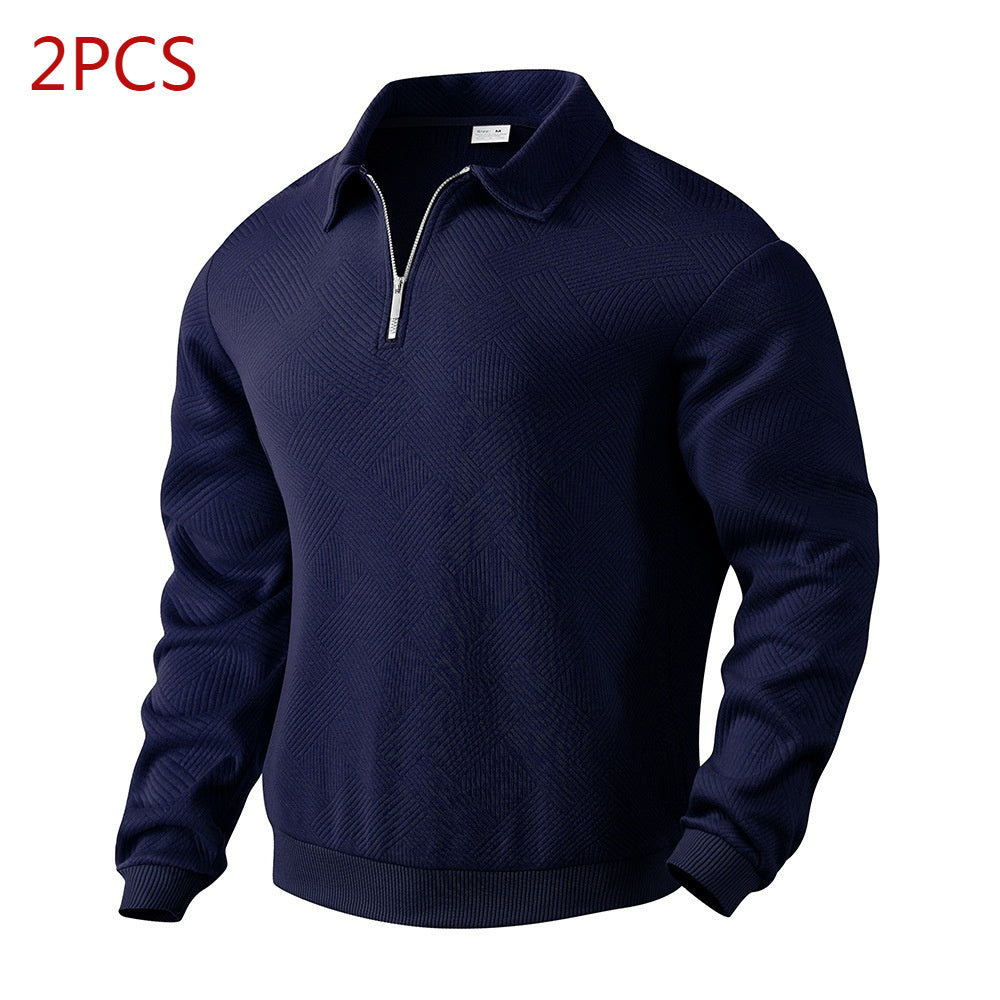Men’s Lapel Jacquard Half-Zipper Sweatshirt – Solid Color, Long Sleeve Fashion Top