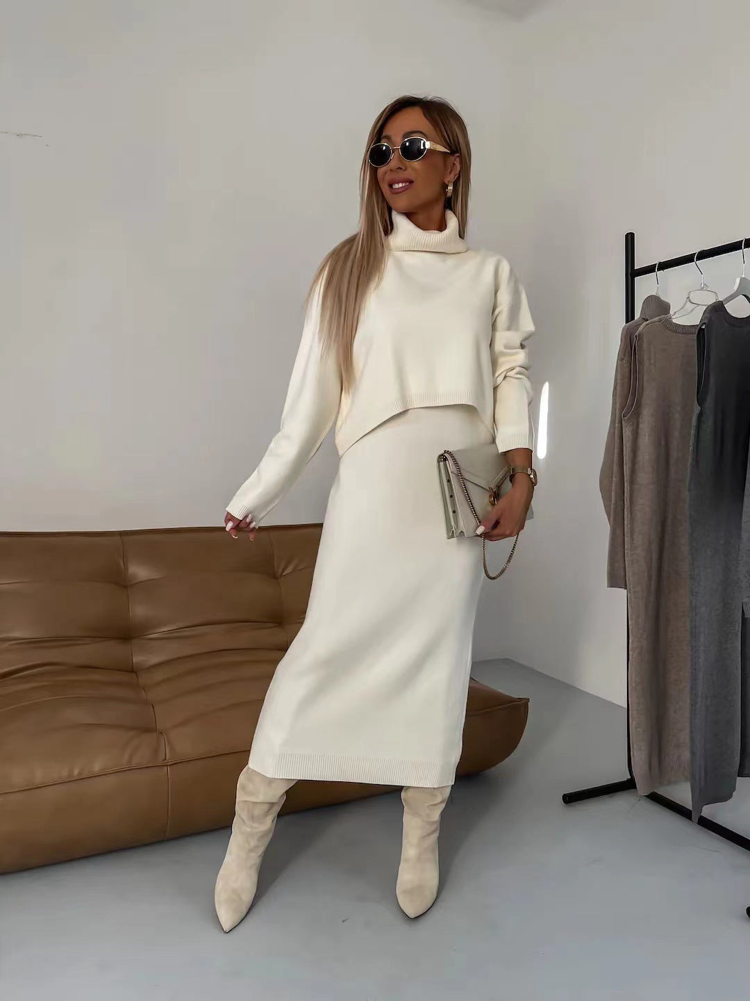 2-Piece Women’s Winter Sweater Set – Turtleneck Pullover & Sleeveless Long Dress