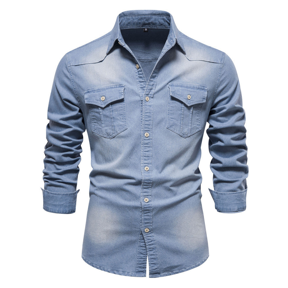 Men’s Long-Sleeved Denim Shirt – Casual Slim Fit Button-Up Top