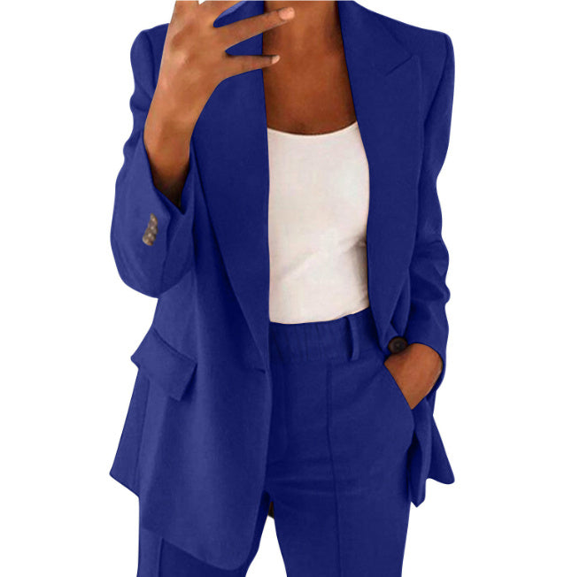 Women's Casual Suit – Long-Sleeved Lapel Blazer with Buttons and Slim-Fit Pocket Trousers