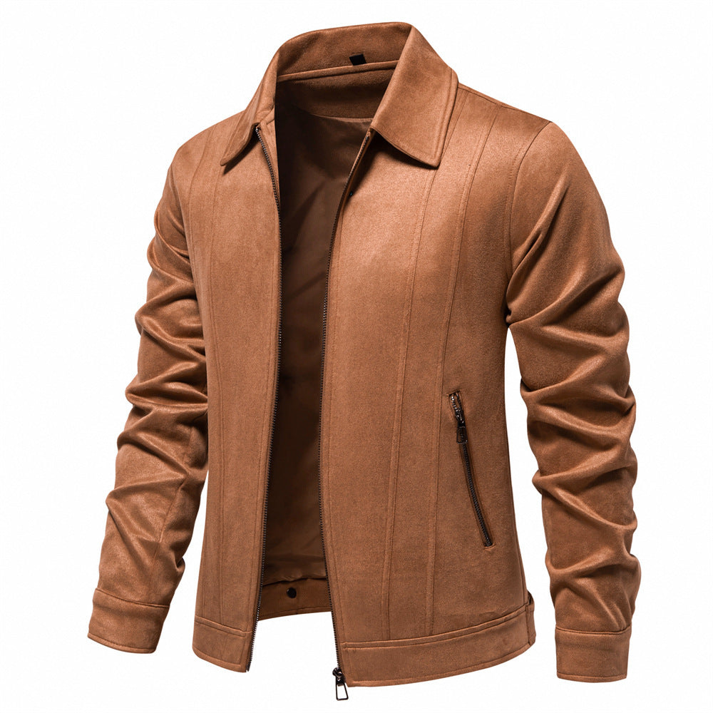 Men’s Fashion Lapel Zipper Jacket – Autumn & Winter Solid Suede Coat