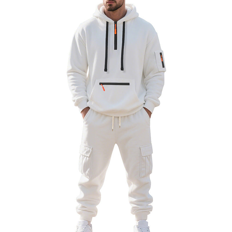 Men’s Loose Fit Fleece-Lined Sports Hoodie & Zipper Pullover Set – Multi-Pocket Casual Two-Piece