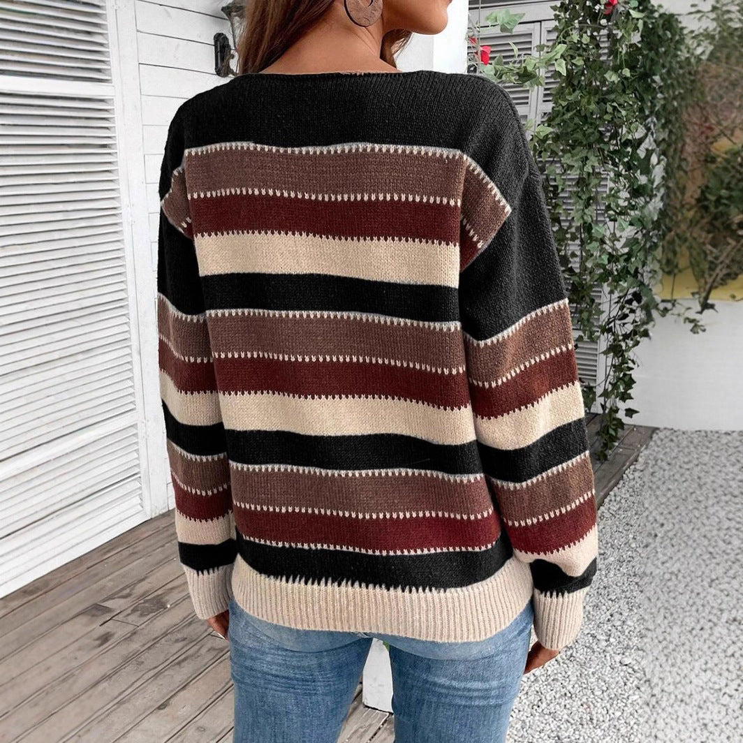 Women's Striped Pullover Sweater – Casual Long Sleeve Top