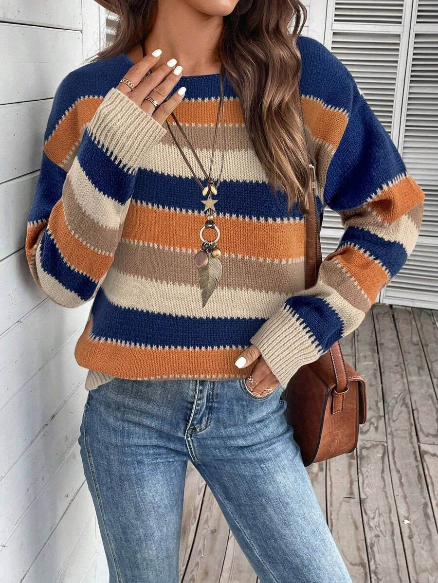 Women's Striped Pullover Sweater – Casual Long Sleeve Top