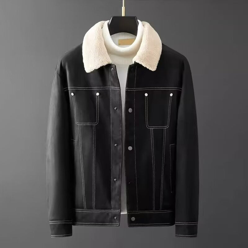 Men’s Short Suede Fabric Jacket – Autumn & Winter Thickened Workwear