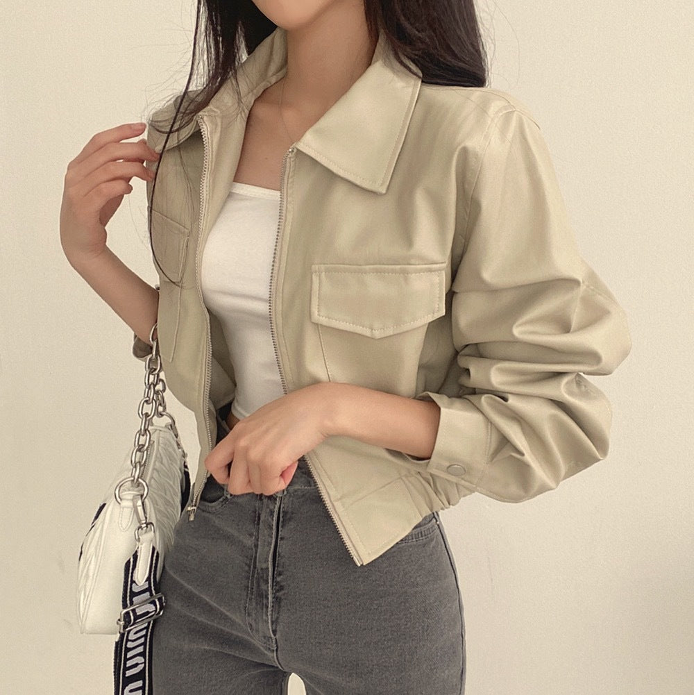 Women’s Double Pocket Faux Leather Lapel Coat