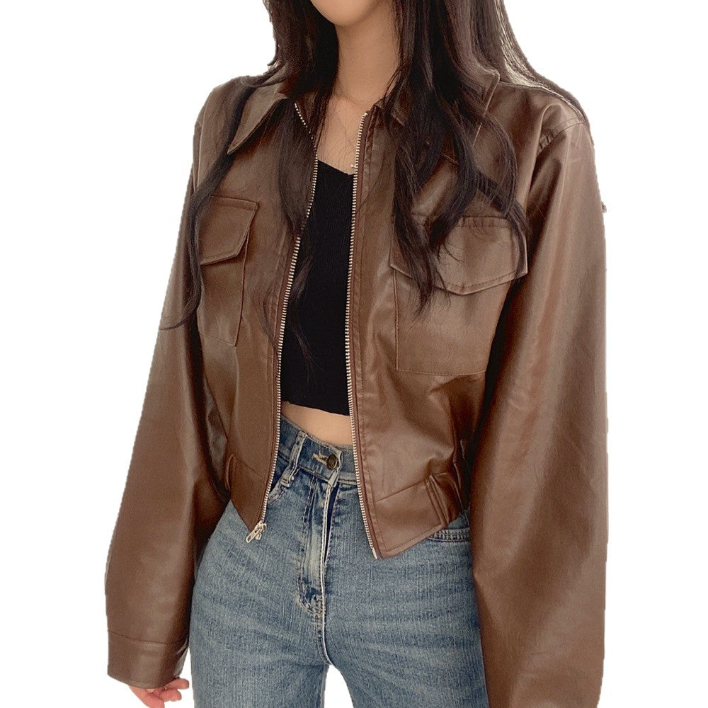Women’s Double Pocket Faux Leather Lapel Coat