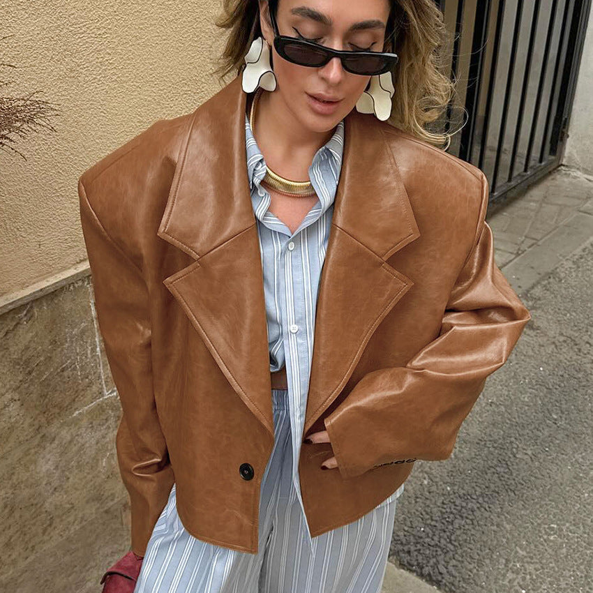 Suit Collar PU Leather Jacket Coat for Women