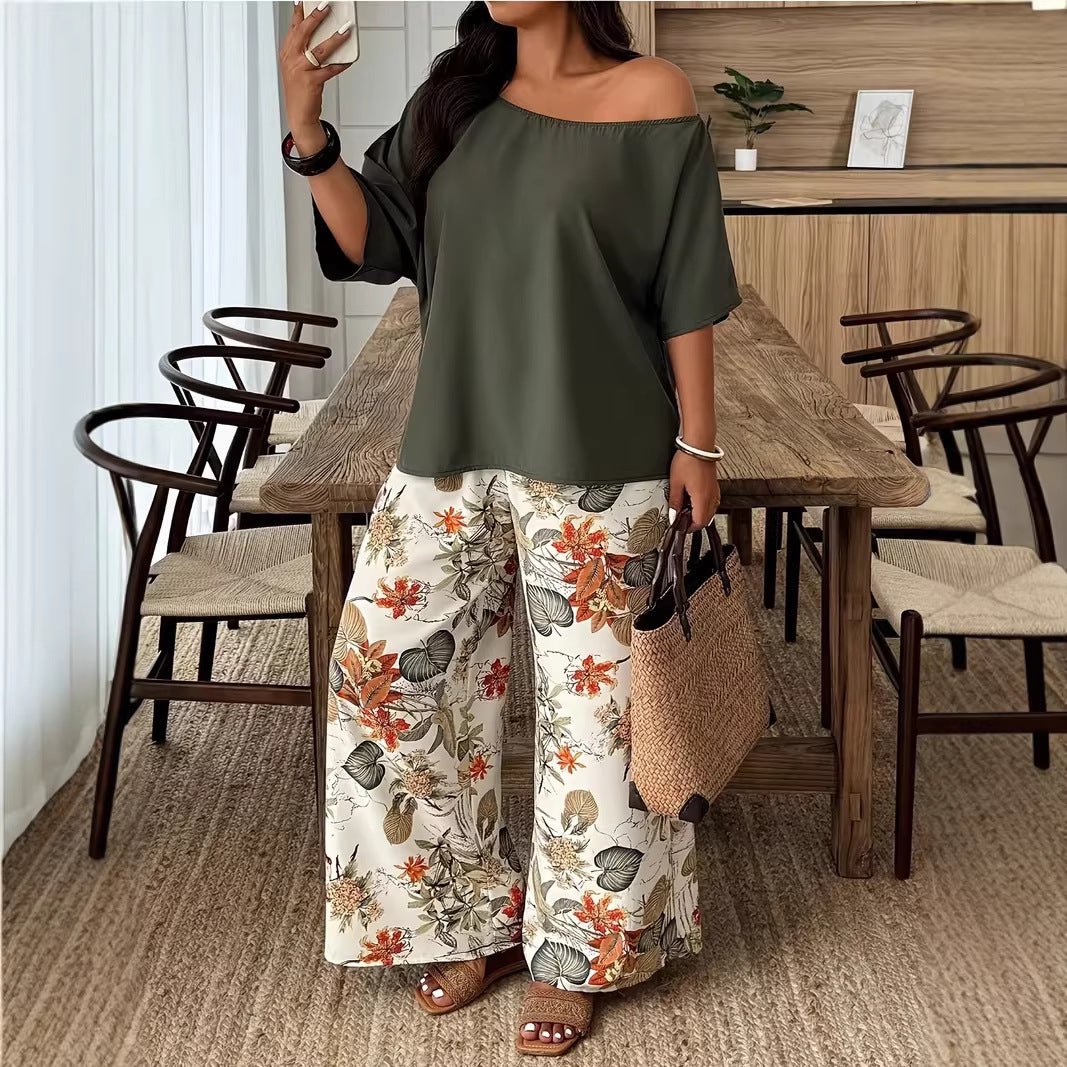 Flattering Loose-Fit Vacation Two-Piece Set with Wide-Leg Pants