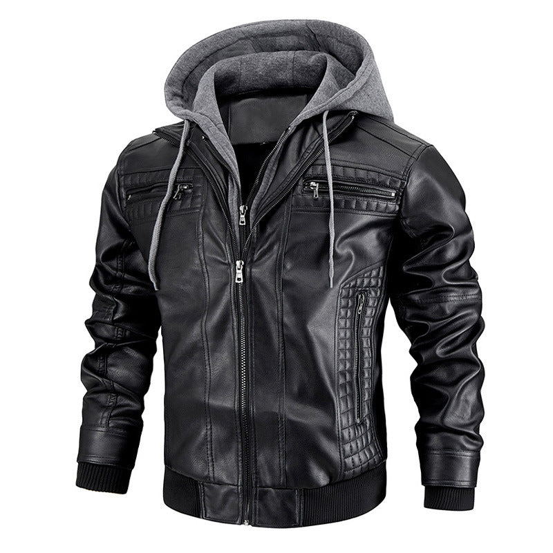 Men’s Hooded PU Leather Jacket with Zipper Pockets – Fashionable & Warm Coat