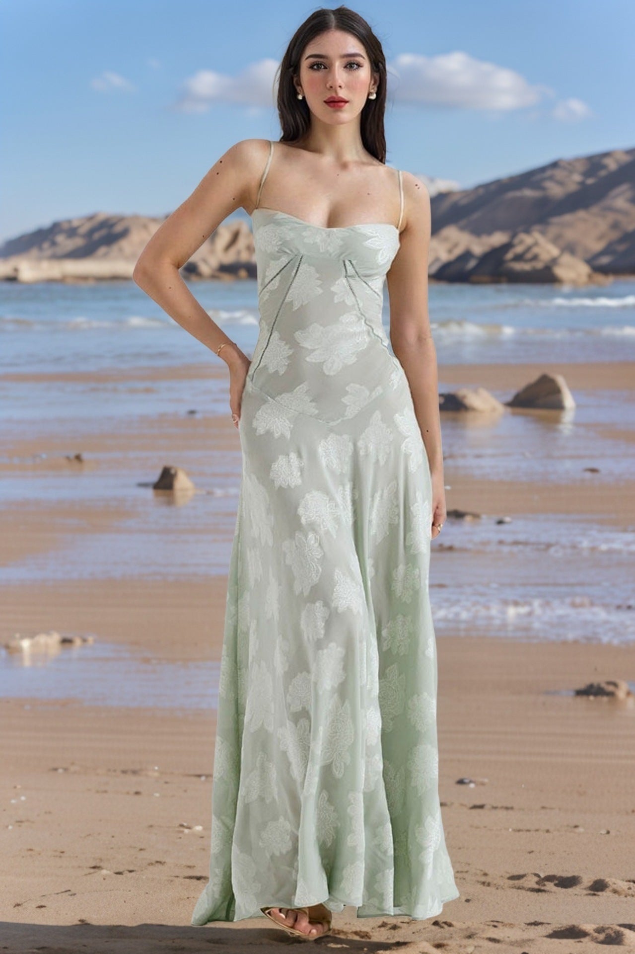 Sexy Flowers Lace Suspender Dress – Summer Slim Back Lace-Up Long Dress for Evening & Party