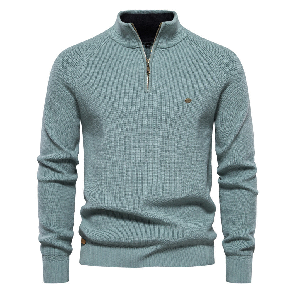 Men’s Zipper Stand Collar Knitted Sweater – Slim Fit, Solid Color, Long Sleeve Half-Turtleneck Top