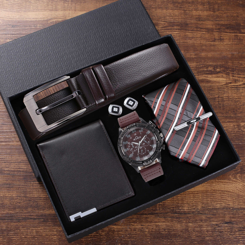 5-Piece Men's Gift Set: Quartz Watch, Belt, Wallet, Tie & Cufflinks