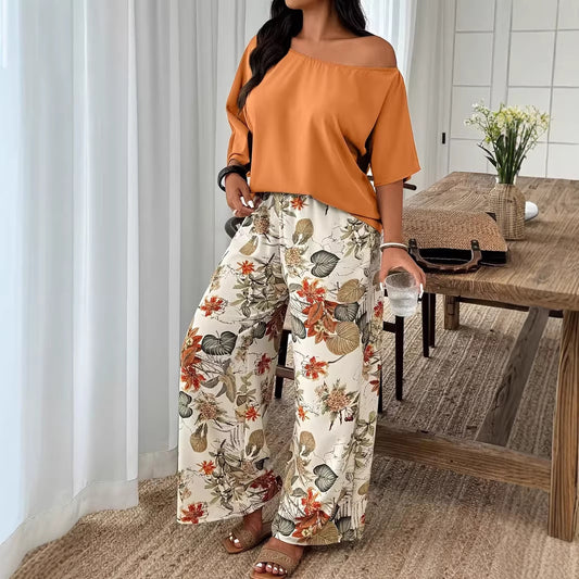 Flattering Loose-Fit Vacation Two-Piece Set with Wide-Leg Pants