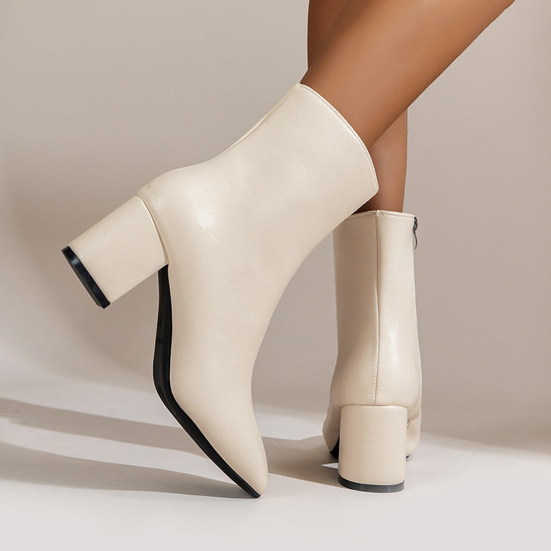 Women’s Chunky Heel Mid-Calf Boots – Pointed Toe, Side Zipper, Fashionable & Comfortable Shoes