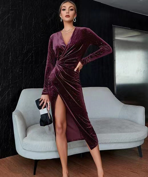 Women’s V-Neck Velvet Asymmetric Evening Dress