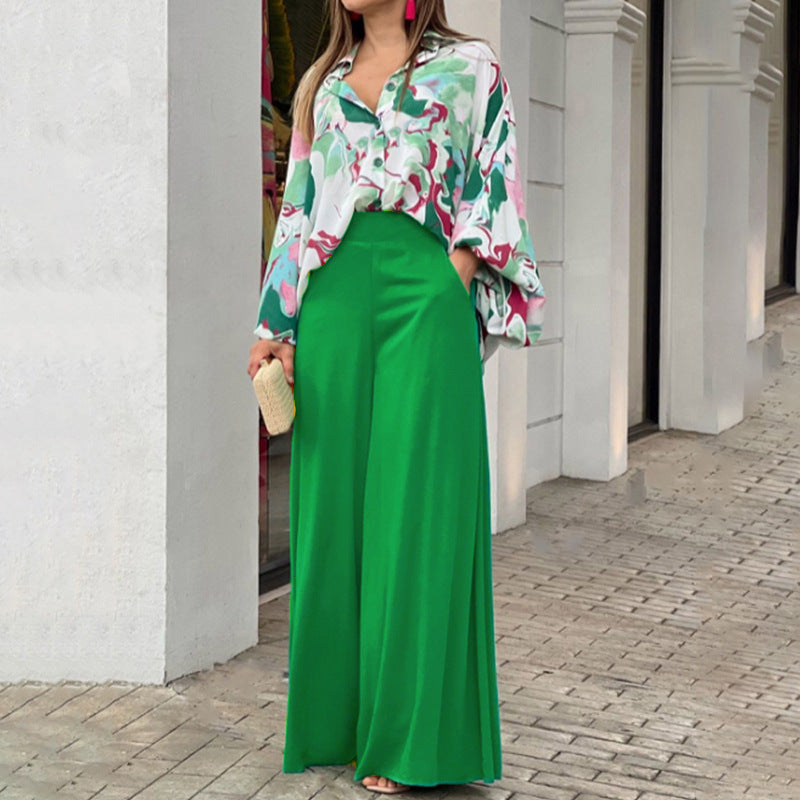Women's Fashion Printed Shirt & Wide-Leg Pants Set – Casual Two-Piece Outfit