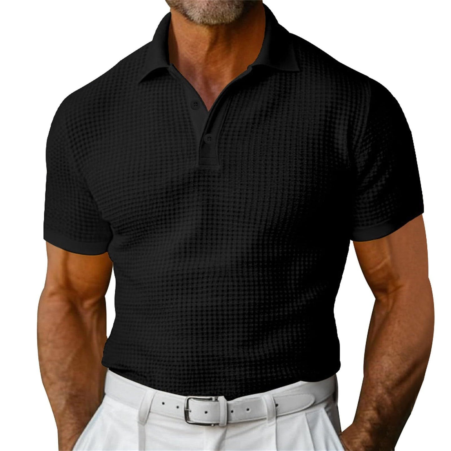Men’s Waffle Knit Short Sleeve Polo Shirt – Casual Summer Lapel Top