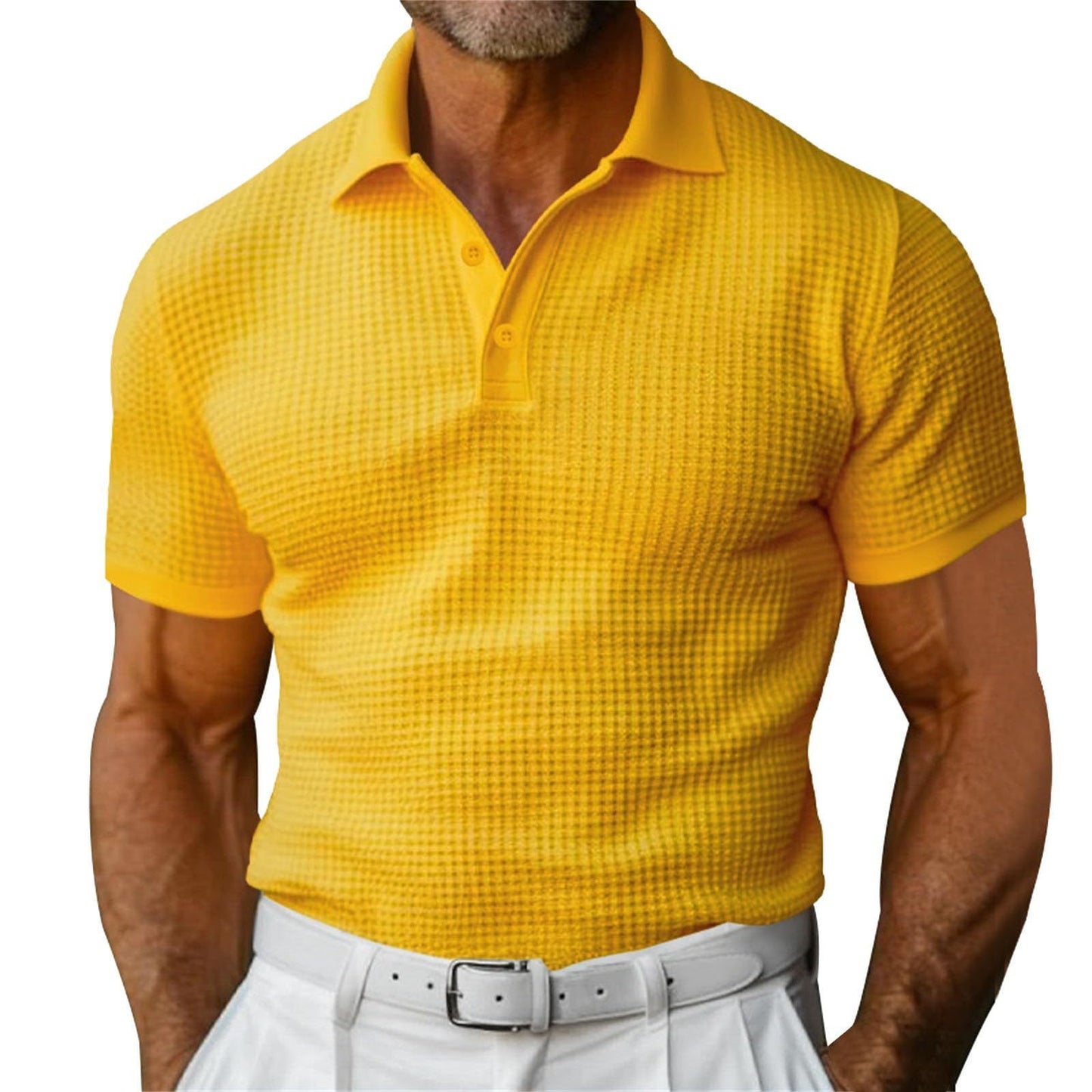 Men’s Waffle Knit Short Sleeve Polo Shirt – Casual Summer Lapel Top