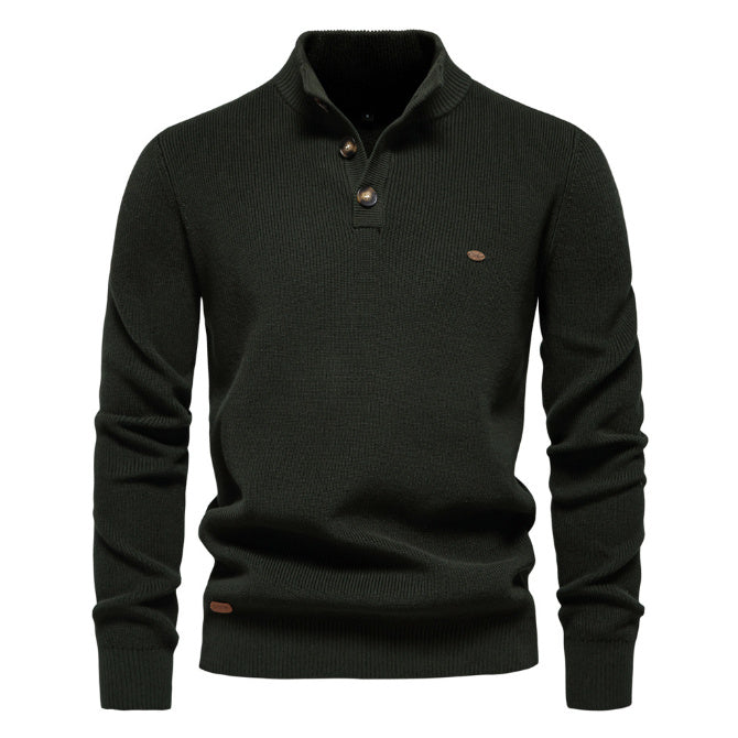 Men’s Zipper Stand Collar Knitted Sweater – Slim Fit, Solid Color, Long Sleeve Half-Turtleneck Top