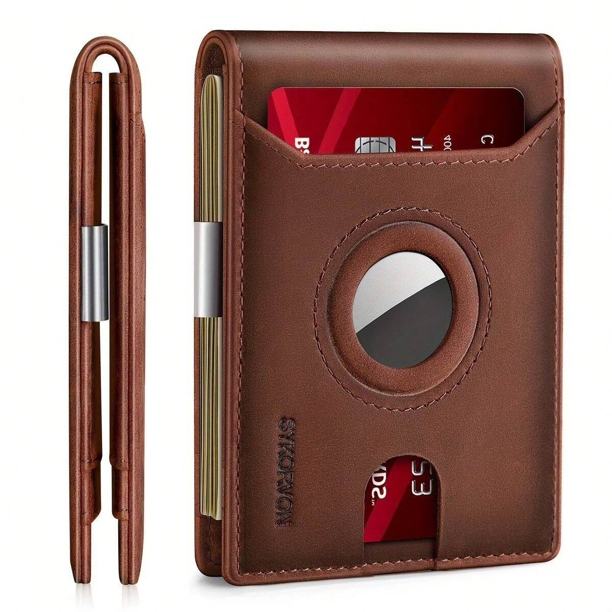 Men’s Minimalist Leather Wallet with AirTag Holder – Slim RFID Blocking Bifold Holds Up to 11 Cards (AirTag Not Included)