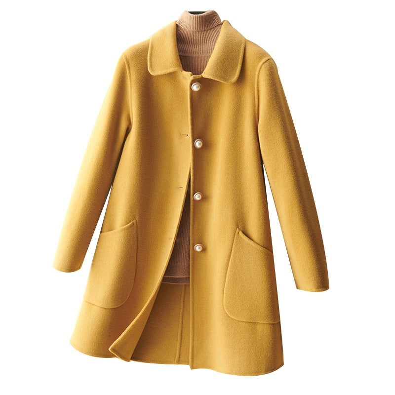 Wool Pearl Buckle Double-Faced Woolen Coat with Doll Collar – Women’s Mid-Length Outerwear