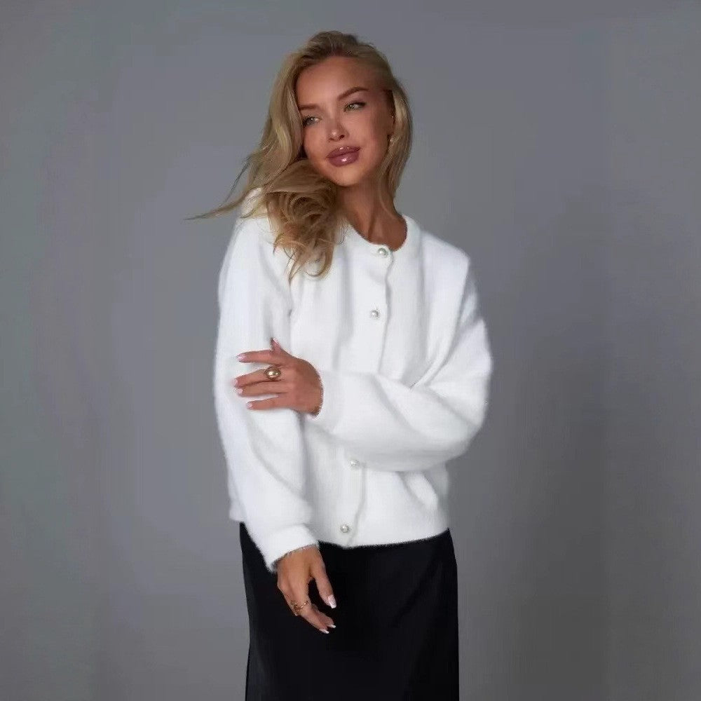 Soft Glutinous Knitted Coat – White Round Neck Long Sleeve