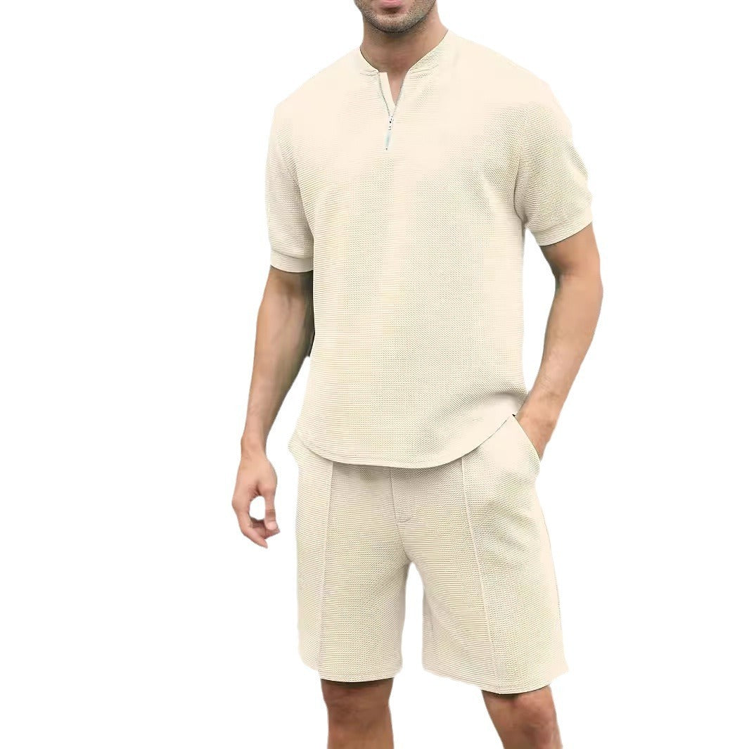 Waffle Stand Collar Zipper Short Sleeve Suit