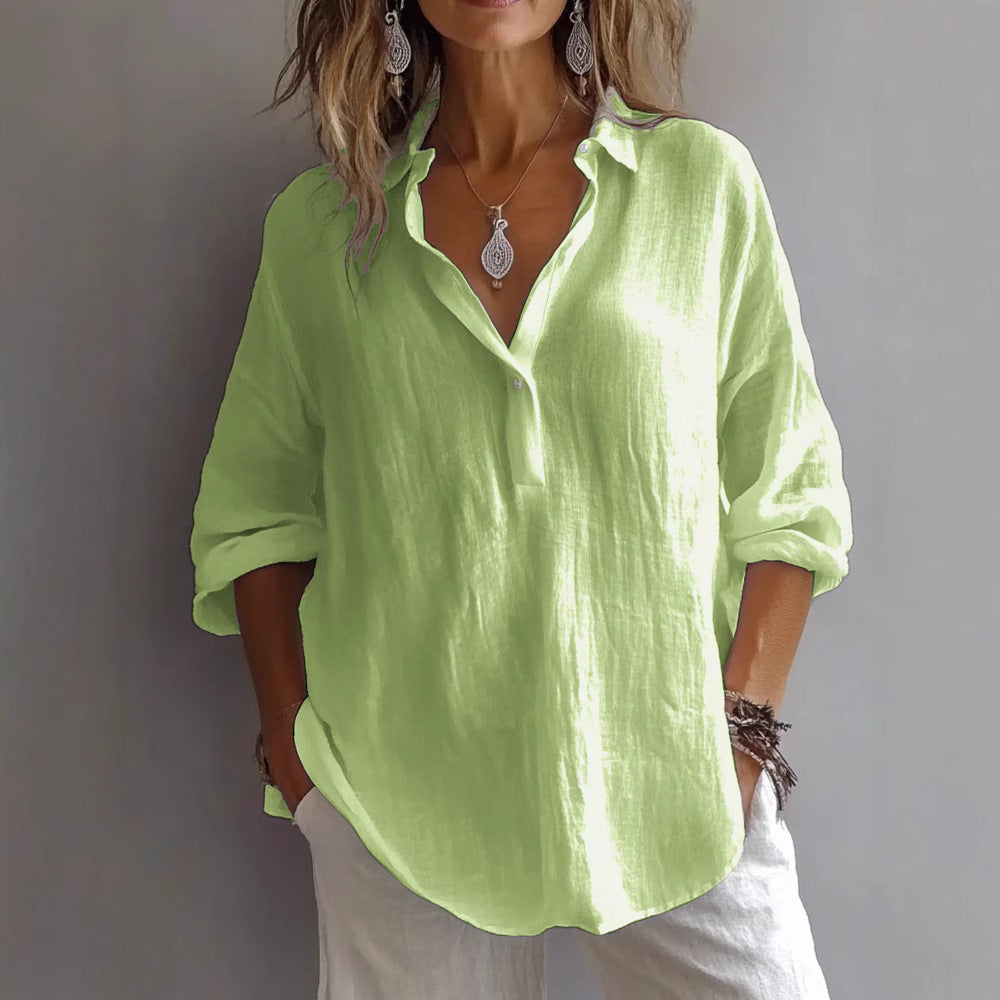 Fashion Long-Sleeved Lapel Pullover Shirt – Casual Loose Solid Color T-Shirt for Women