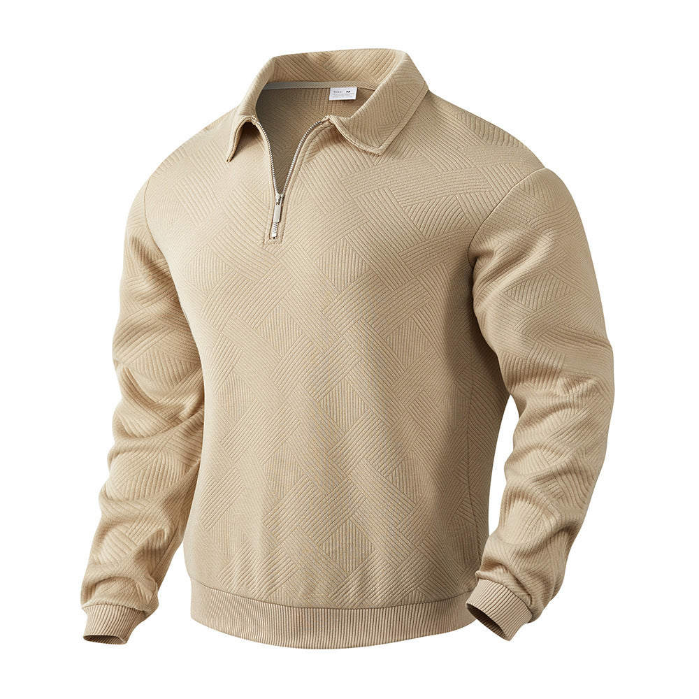 Men’s Lapel Jacquard Half-Zipper Sweatshirt – Solid Color, Long Sleeve Fashion Top