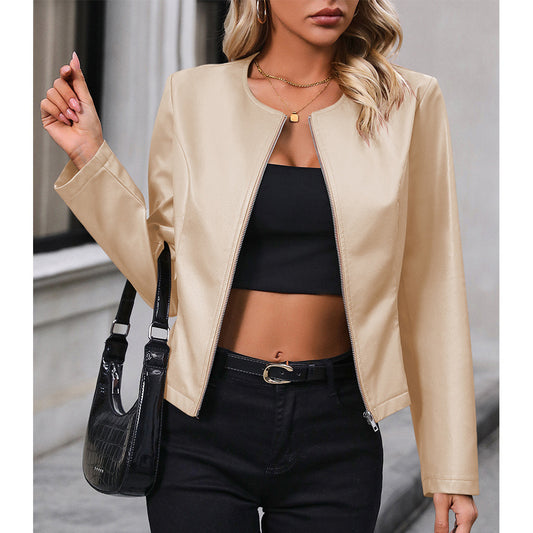 Women’s Casual Long-Sleeve Solid Color Motorcycle Leather Jacket – Outwear Coat